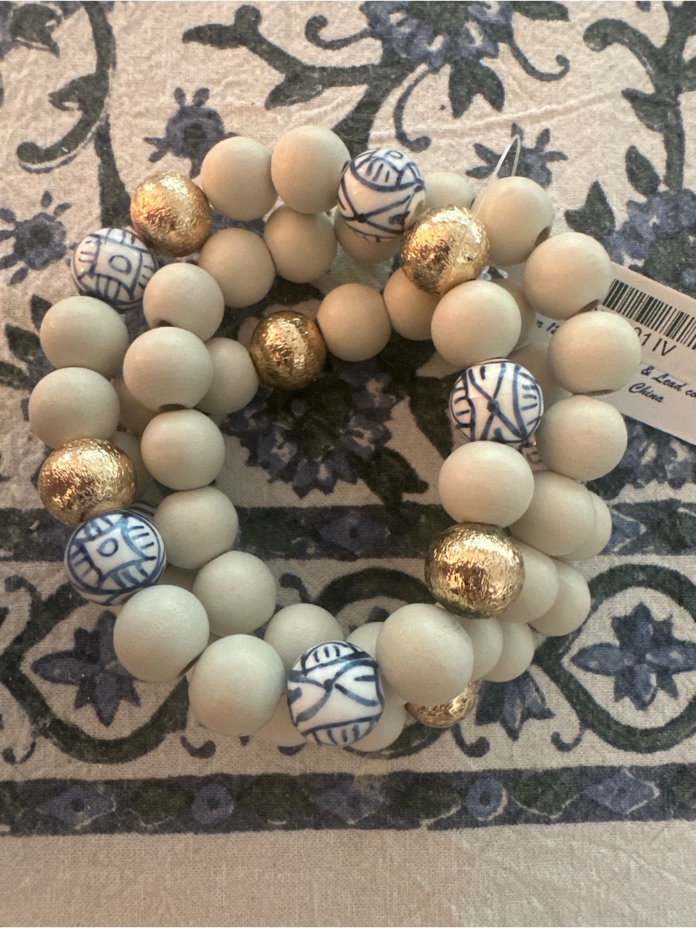 Beaded Stretch Bracelet Trio in Cream, Blue & Gold